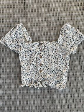 Floral Puff-Sleeve Button-Front Crop Top - Cream/Blue
